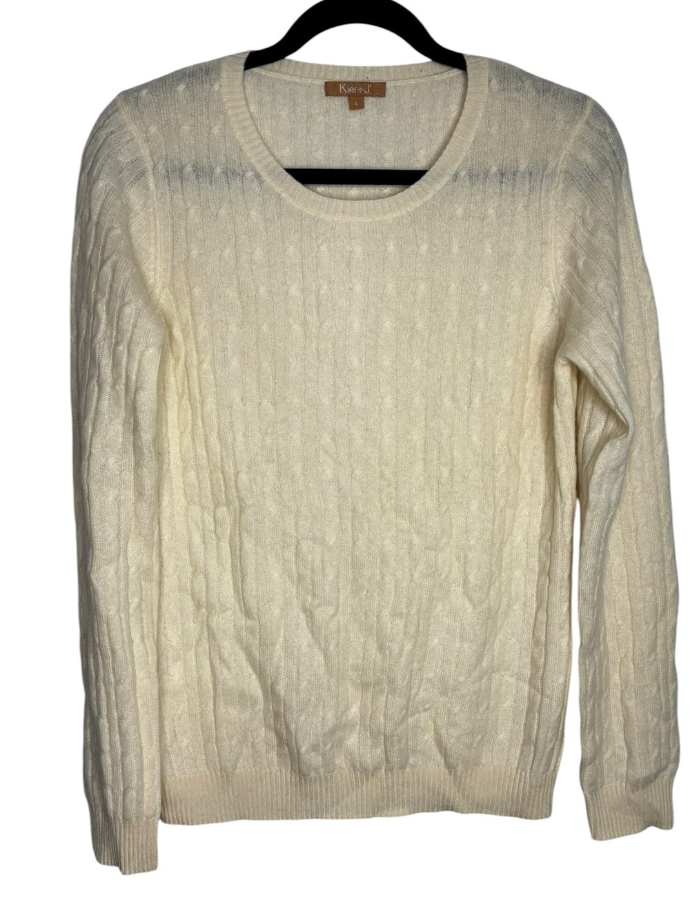 Kier + J Women’s Crewneck Cream Cashmere Cable Knit Sweater Size Large